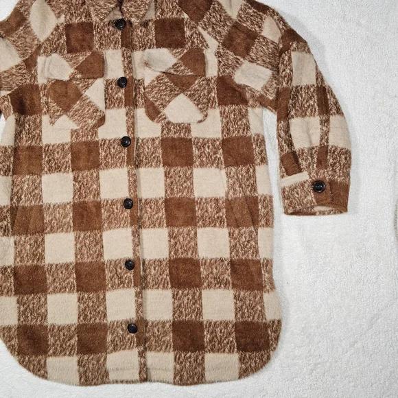 GREYLIN ANTHROPOLOGIE Women’s M Brown Plaid Long Heavyweight Shacket Jacket - Picture 4 of 13